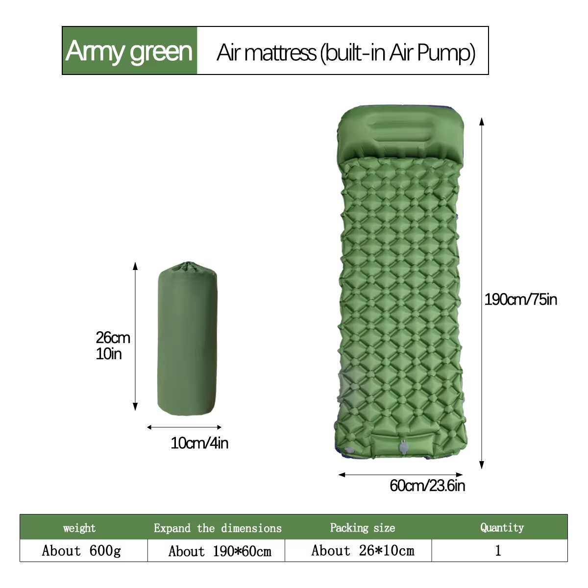 190*60cm Outdoor Camping Infla - Outdoor Camping Mat recensione e prezzo